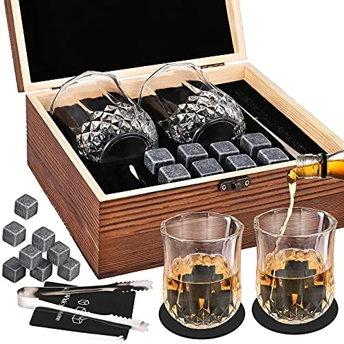Goldge Whisky-Geschenk-Set, 8 Kühlsteine aus schwarzem Granit, FDA-Vite Kühlung, 2 Whiskygläser & Barman-Pinzetten & Deluxe-Holzkoffer