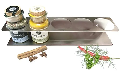 HL-Perfektion-in-Edelstahl Gewürzregal kompatibel für 5x Ankerkraut Korkengläser aus massiven Edelstahl, als Stand oder Hängeregal, Silber, 350x85x60mm