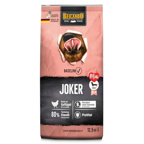 BELCANDO Baseline Joker GF 12,5 kg - Getreidefreies Adult Trockenfutter für kleine und mittlere Hunde mit 80 % tierischem Eiweiß. Enthält Omega-3-reiche Zutaten wie Leinsaat und Bierhefe für optimale Vitalität.