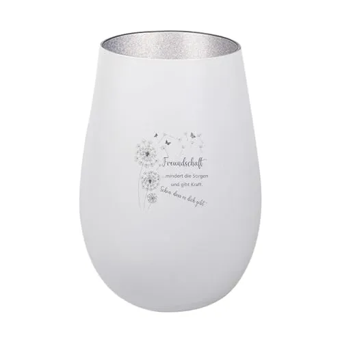 Der-Porzellan-Laden Windlicht mit Gravur Freundschaft mindert die Sorgen, Weiß Silber, Teelichthalter aus Glas mit Spruch, Tischdeko modern