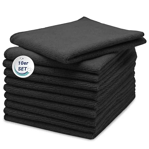 ZOLLNER 10er Set Mikrofasertücher für streifenfreien Glanz - flusenfreie und saugstarke Reinigungstücher - waschbar bis 60°C - 40x40cm in schwarz - Hotelqualität