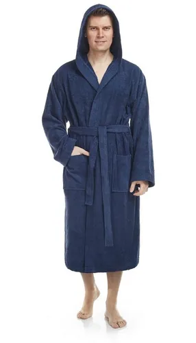 Herren Bademantel mit Kapuze, Größe: L-XL, Marine - Bademantel für Herren mit Kapuze aus 100% schadstofffreier Baumwolle, besonders anschmiegsam und ideal für Sauna, Spa oder als Morgenmantel.