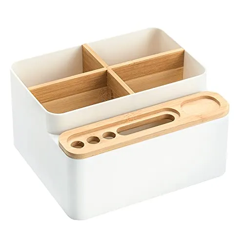 QH-Shop Schreibtisch Organizer Holz Stiftehalter Desktop Fernbedienungshalter Tisch Aufbewahrungsbox mit Abnehmbarem Fächer für Büro, Schule und Haushalt Weiß