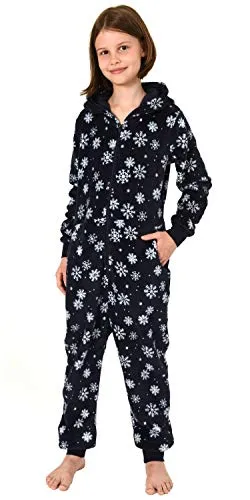 Mädchen Jumpsuit Overall Schlafanzug mit Eiskristall-Sterne Optik - Navy, Größe 140 - Langarm-Jumpsuit mit Kapuze und Bündchen für optimalen Tragekomfort. Ideal zum Entspannen und Relaxen. Hergestellt aus 100% Polyester, pflegeleicht und schadstoffgeprüft.