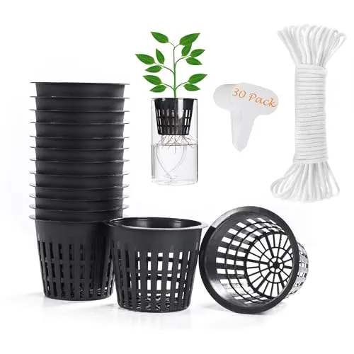 ORIMERC 30 STK 3inch(8cm) Netztöpfe Hydroponik Net Pot mit 30 Feet Selbstbewässerungsdocht & 30 STK Pflanzenetiketten Hydroponischer Becher Mesh Cup Topf Gemüse Orchidee Aquaponik Kratky Hydrokultur