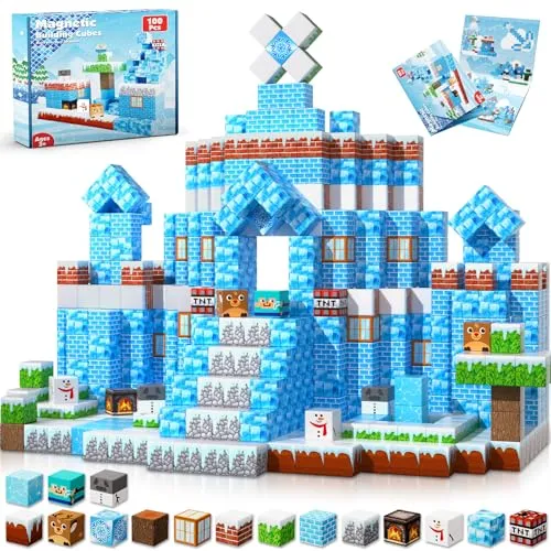 Goody King Magnetische Bausteine mit 100 Pcs Magnetwürfel Bauen Deine Eis und Schneewelt Montessori Magnetspielzeug ab 4 5 6 7 8 9 Jahre Junge und Mädchen Magnetic Building Blocks Geschenke für Kinder