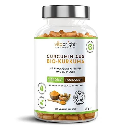 Kurkuma Kapseln Hochdosiert Bio 1440 mg, 180 Ingwer Kurkuma Kapseln Mit Pfeffer/Curcumin Kapseln Hochdosiert Mit Piperin, Kurkuma Pulver Bio Curcuma Kapseln Hochdosiert, VitaBright Turmeric Curcumin