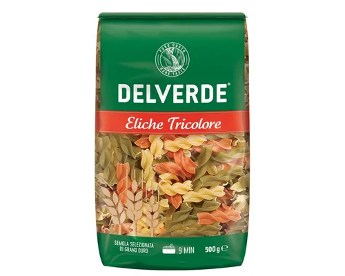 Delverde Eliche Tricolore Pasta 500g - Nudeln aus hochwertigem Hartweizen, bunt und ideal für kreative Gerichte, die Farbe auf den Teller bringen.