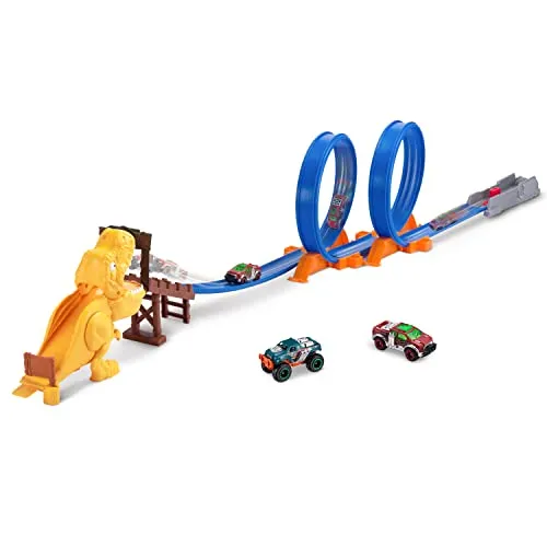Metal Machines T-Rex Attack Spielset - Fahrzeuge & Rennwagen für Kinder: Erlebe spannende Rennen mit einem mächtigen Launcher und einer 2,6 Meter langen Strecke, inklusive der exklusiven Mini-Rennmaschine Wild Thing!