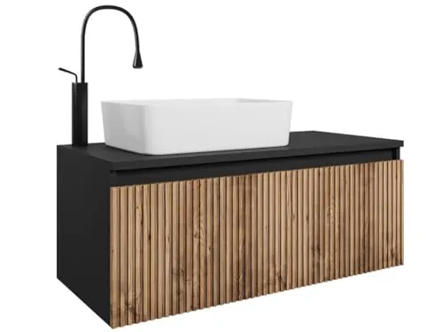 Easy4You Unterschrank WOTA 100 cm Matt Schwarz/Eiche Hängeschrank Badschrank Badezimmerschrank mit Schublade