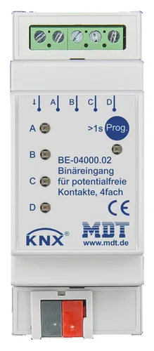 MDT technologies Binäreingang BE-04000.02 4-fach - KNX Binäreingang mit 4 Eingängen, ideal für die flexible Steuerung von Tastern und Schaltern. Innovative Gruppensteuerung und integrierte Logikmodule bieten vielseitige Anwendungsmöglichkeiten.
