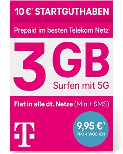 Produktbild Telekom MagentaMobil Prepaid M SIM-Karte – 5G, 3 GB, Allnet Flat, ohne Vertragsbindung, 10 EUR Startguthaben - 
