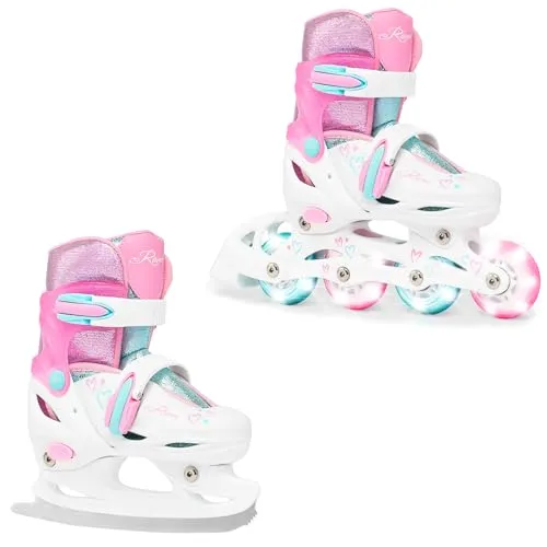 RAVEN 2in1 Schlittschuhe Inline Skates Inliner für Kinder Mädchen LED Leuchträder verstellbar (Loret Glitter White/Mint/Pink, 27-30 (16,5cm-18,5cm))