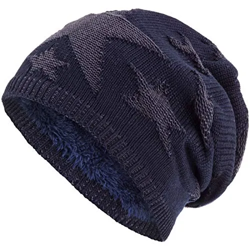 Compagno Sternen Wintermütze warm gefütterte Beanie Flechtmuster Einheitsgröße Mütze, Farbe:Marineblau