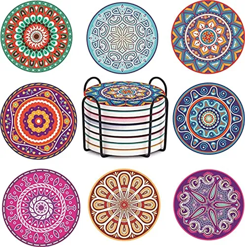 8er Set getränke-untersetzer,Absorbierende Keramik Untersetzer Set Runden Getränk Untersetzer mit Korkbasis für Tassen und Becher Zuhause Wohnzimmerdekoration.Drink Coasters Set of 8