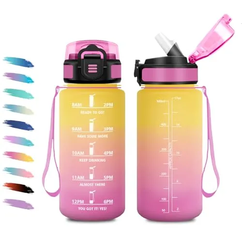 Trinkflasche Kinder 500ml, Sportflasche mit Strohhalm, Auslaufsicher Trinkflasche Kohlensäure Geeignet, Wasserflasche mit Zeitmarkierung, Sportflasche für Junge, Mädchen, Camping, Fahhrad, Wandern
