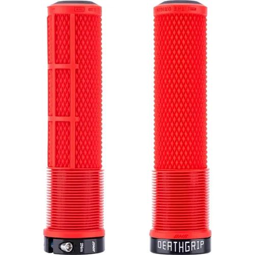 DMR Griffe DeathGrip 2 Brendog Signature Lock On ohne Flansch - 135 mm - Fahrradgriffe in rot mit innovativem Mushroom- und Pyramidendesign für optimalen Komfort und Grip. Robuster Griffkern aus Hartplastik und waffelförmige Stege sorgen für perfekten Halt.