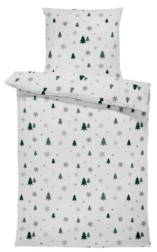 One Home Bettwäsche Tannenbaum 4-teilig - Kuschelige Winterbettwäsche in Normalgröße mit Tannenbaum- und Schneekristall-Design, aus 100% Microfaser Thermofleece für ein optimales Schlafklima und angenehme Wärme.