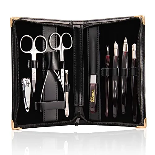 TITANIA Maniküre-Etui Set (10-teilig) - Maniküre- & Pediküre-Set im eleganten schwarzen Echtleder-Etui, inklusive 10 hochwertigen Werkzeugen für perfekte Nagelpflege, ideal für Reisen und als Geschenk.