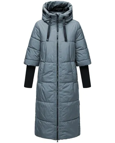 Navahoo Damen langer Wintermantel warmer Steppmantel mit Kapuze und Rippstrickärmeln Ciao Miau XIV Stormy Blue Gr. XL