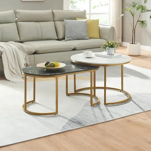 [en.casa] Couchtisch 2er Set Oppeerg - Beistelltisch mit Marmoroptik - Satztische fürs Wohnzimmer - Stilvolles Set mit goldfarbenem Gestell, platzsparend ineinanderschiebbar und pflegeleicht für ein elegantes Ambiente.