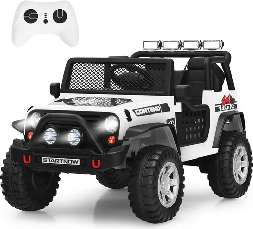 GOPLUS Elektroauto für Kinder - 12V Truck mit Fernbedienung & Musik (Weiß) - Erleben Sie Fahrspaß mit dem 12V Kinderauto! Zwei Fahrmodi und sanfter Anlauf sorgen für sicheres Fahren. Mit großen Reifen und abschließbaren Türen ist es ideal für Abenteuer im Freien.
