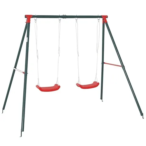 Outsunny Kinder-Doppelschaukel +3 Jahre mit Metallstütze Kinderschaukel-Set Outdoor Verstellbares Seil Max. Belastung 40kg 239x156x180 cm Grün Rot
