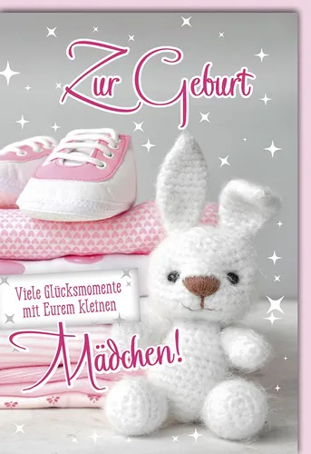 Geburt - Baby - Glückwunschkarte im Format 11,5 x 17 cm - Hase gestrickt, Mädche