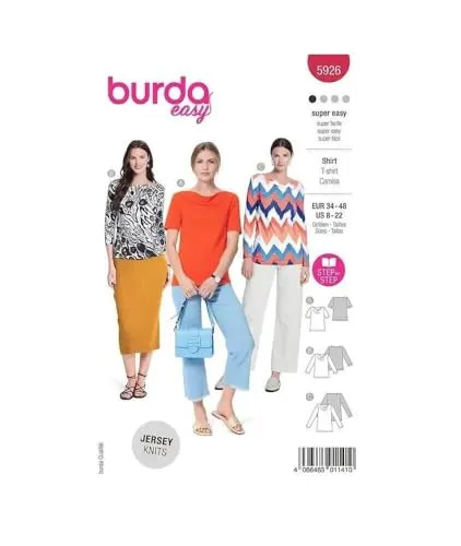burdastyle Schnittmuster 5926 | Shirts mit Wasserfallausschnitt zum selber nähen | Damen, Gr. 34-48 | Nählevel: sehr leicht