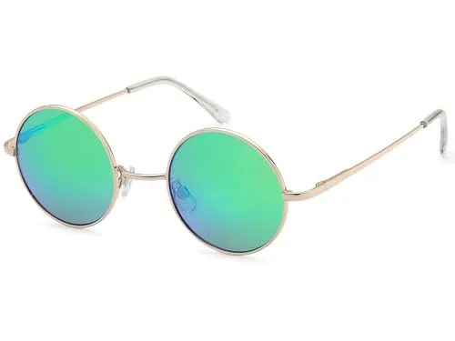 styleBREAKER Unisex Sonnenbrille Klein Rund | Retro Hippie Style mit Federscharnier | UV400 Metall Rahmen schmal - zierliche Gesichter | Inkl. Etui & Putztuch, Gold/Grün-Blau verspiegelt