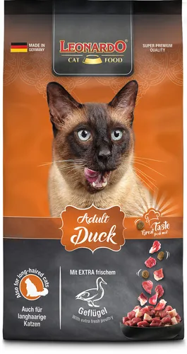 LEONARDO Adult Duck 7,5 kg Trockenfutter für Katzen mit Ente - Hochwertiges Trockenfutter für ausgewachsene Katzen, mit schmackhafter Ente als Hauptzutat. Unterstützt die Pflege von Haut und Fell und sorgt für ein ausgewogenes Wohlbefinden.