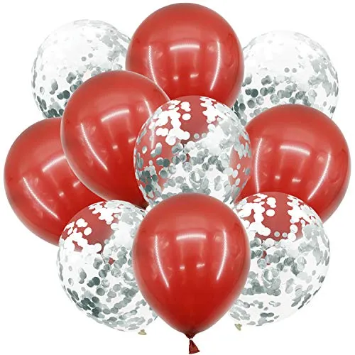 Oblique Unique® Konfetti Luftballon Set für Geburtstag Feier Jubiläum Hochzeit JGA Party Einschulung Deko Ballons Rot Silber