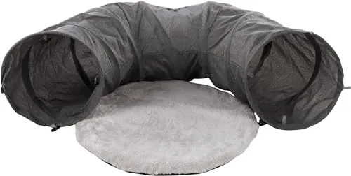 KATZENTUNNEL MIT Kissen GOTAR GRAU 95CM Dia.28CM - Tunnel für Katzen mit weichem Kissen, ideal zum Spielen und Entspannen, gefertigt aus strapazierfähigem Nylon.