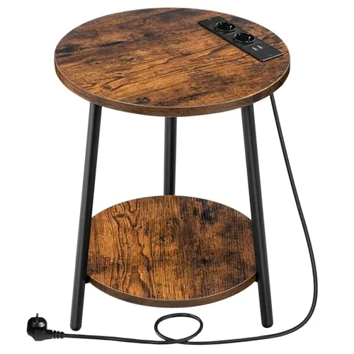 HOOBRO Beistelltisch mit Ladestation, runder Couchtisch mit 2 Ebenen, Wohnzimmertisch, Nachttisch für kleine Räume, Sofatisch für Wohnzimmer, Schlafzimmer, Vintagebraun und Schwarz EBF67CBZ01