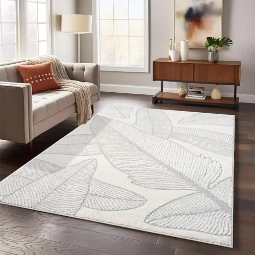 payé Teppich Wohnzimmer - 140x200cm Creme-Grau Hochtief Struktur Flachflor - Florales Muster Boho Wohnteppich