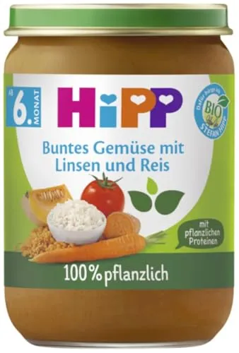 HiPP Bio Buntes Gemüse mit Linsen und Reis (6 x 190g), ab 6. Monat, 100% pflanzlich, ohne Salzzusatz, mit Omega-3, in bester Bio-Qualität