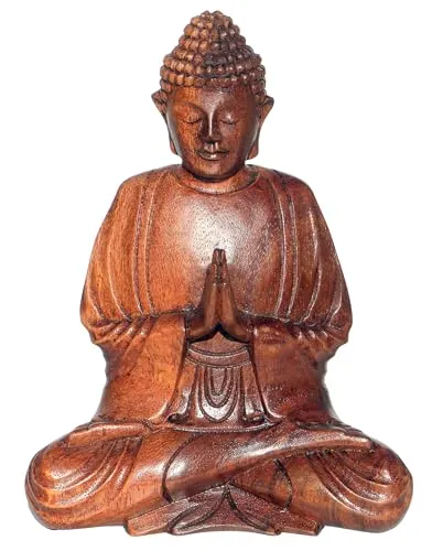 Wogeka - 20 cm Gebet Buddha Meditation aus Holz - Sammlerfiguren: Handgefertigter Buddha aus Suar-Holz, der Ruhe und Zufriedenheit ausstrahlt – ideal als dekoratives Accessoire für Zuhause oder als besonderes Geschenk.
