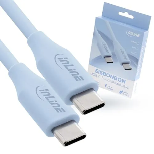 InLine Colour your Charge USB C Kabel 100W, PD Schnellladekabel, Silikon Ladekabel, flexibel, für iPhone Air 17 Pro 16 15 iPad Galaxy S23 Pixel Tablets, 2m, Eisbonbon (blau), 35892B