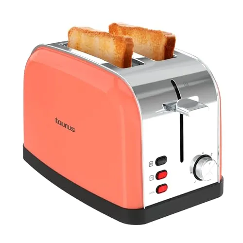 Taurus – Toaster Vintage II Coral 950 W | 2 Schlitze 135x35 mm | 7 Bräunungsstufen | 3 Funktionen | Edelstahlgehäuse | Selbstzentrierung | Krümelschublade | Kabelaufwicklung | Koralle