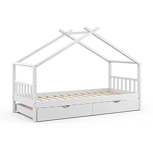 VITALISPA Kinderbett DESIGN Hausbett 90x200 - Hochwertiges Kinderbett aus 100% Massivholz mit Schublade, ideal für kreative Kinderzimmergestaltung und optimalen Schlafkomfort.