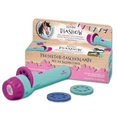 moses 38108 Kleine Diashow Projektor-Taschenlampe für Kinder, mit 24 Pferde Motiven und Namensübersicht , 1 Taschenlampe, 3 Bildscheiben, 3 Knopfzellen