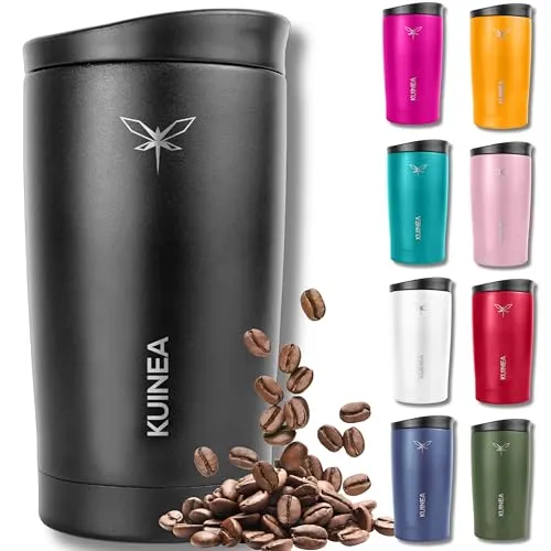 KUINEA Kaffeebecher To Go 350ml [100% auslaufsicher] Edelstahl Thermobecher Kaffee, bis 6h warm, Coffee To Go Becher mit hygienischem Spezial-Verschluss, Travel Mug für Kaffee & Tee, BPA-frei, schwarz