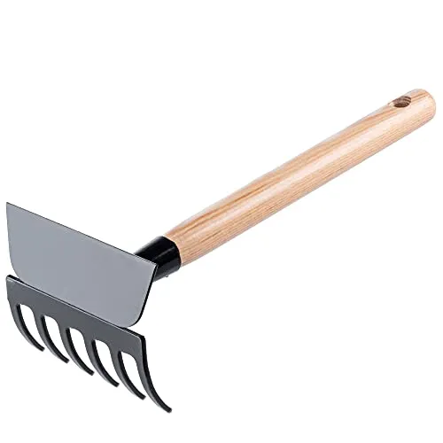 KADAX Kleine Hacke aus Metall, Gartenhacke mit kurzem Stiel, doppelte Hacke, Häckchen, robuste Kombihacke zum Jäten von Unkraut (6 Zinken, Trapezform)