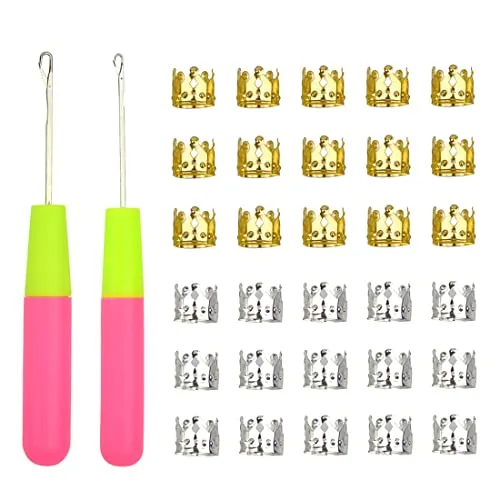 Stück Latch Hooks Knüpfnadel Haar Häkelnadel mit 30 Pcs Dreadlocks Silber Gold Metall Verstellbar Braids Schmuck for Latch Hooks Braids 2