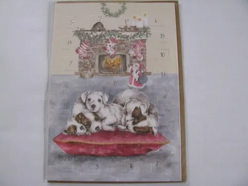 Wrendale Design Adventskalender Karte  süße Hunde am Kamin Puppy