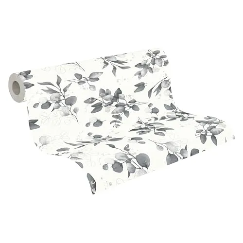 A.S. Création Pure Elegance Vliestapete mit floralem Muster 0,53 x 10,05 m – Weiß, Schwarz, Grau - Tapete mit Blättermotiv Made in Germany - 397686