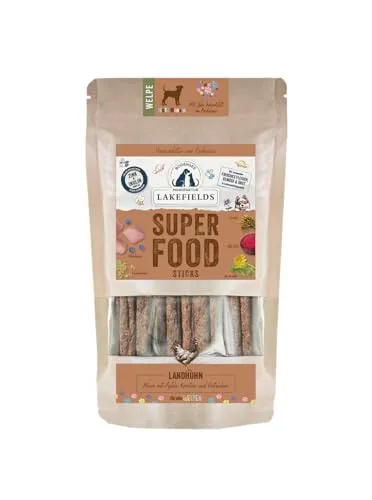 Lakefields SUPERFOOD Sticks | Premium Hundeleckerli für Welpen | Huhn 61% | 130g | Getreidefreie & nährstoffreiche Hunde Snacks | Mit Fenchelsamen & Heidelbeeren | Entwickelt mit Tierärzten