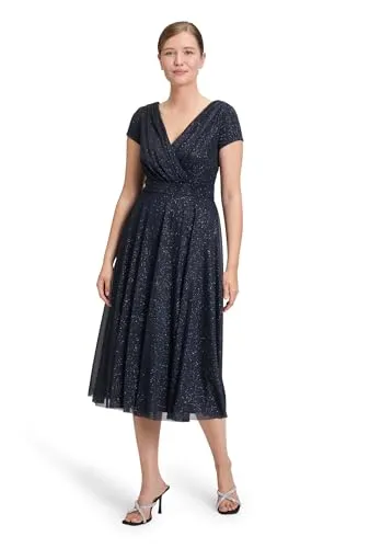 Vera Mont Damen Cocktailkleid im Glitzer-Look 42, Dunkelblau/Grau - Elegantes Cocktailkleid von Vera Mont mit Halbärmeln und fließender Midi-Silhouette, ideal für festliche Anlässe.