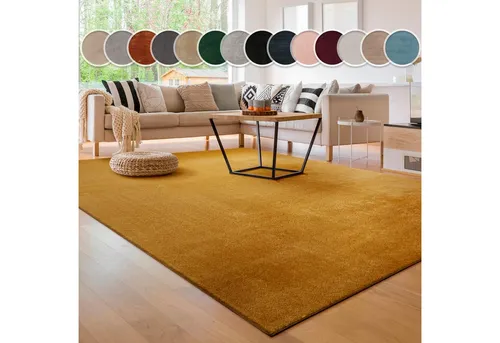 Paco Home Teppich Wohnzimmer Kurzflor Gelb, 80x300 cm - Moderne Kurzflor Teppich für das Wohnzimmer, waschbar, weich und rutschfest – der perfekte Akzent für jeden Raum.