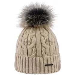 areco Pudelmütze beige Weiss - Strickmützen für Damen, weiche Mütze im Zopfstrickmuster mit edler Kunstfell-Bommel für zusätzlichen Stil und Wärme.